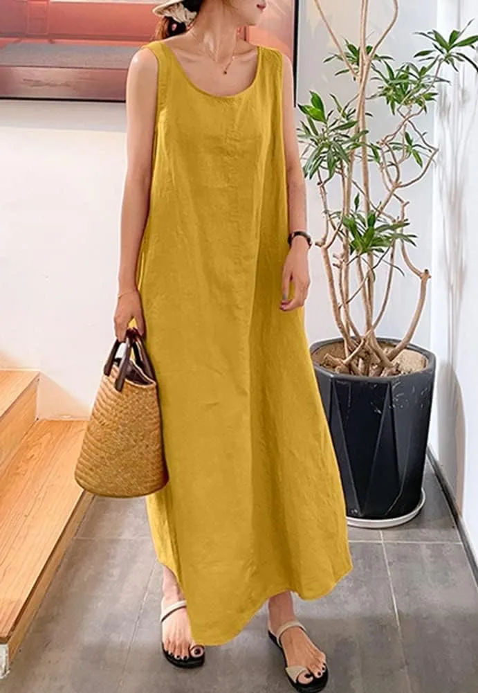 Women's Summer Sleeveless Cotton Tunic Tank Dress Casual Loose A-Line Maxi Long Beach Dress