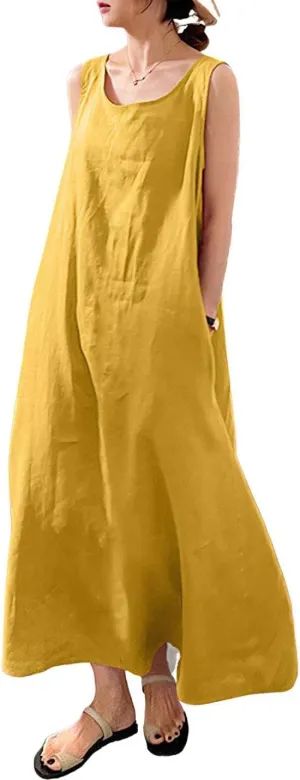 Women's Summer Sleeveless Cotton Tunic Tank Dress Casual Loose A-Line Maxi Long Beach Dress