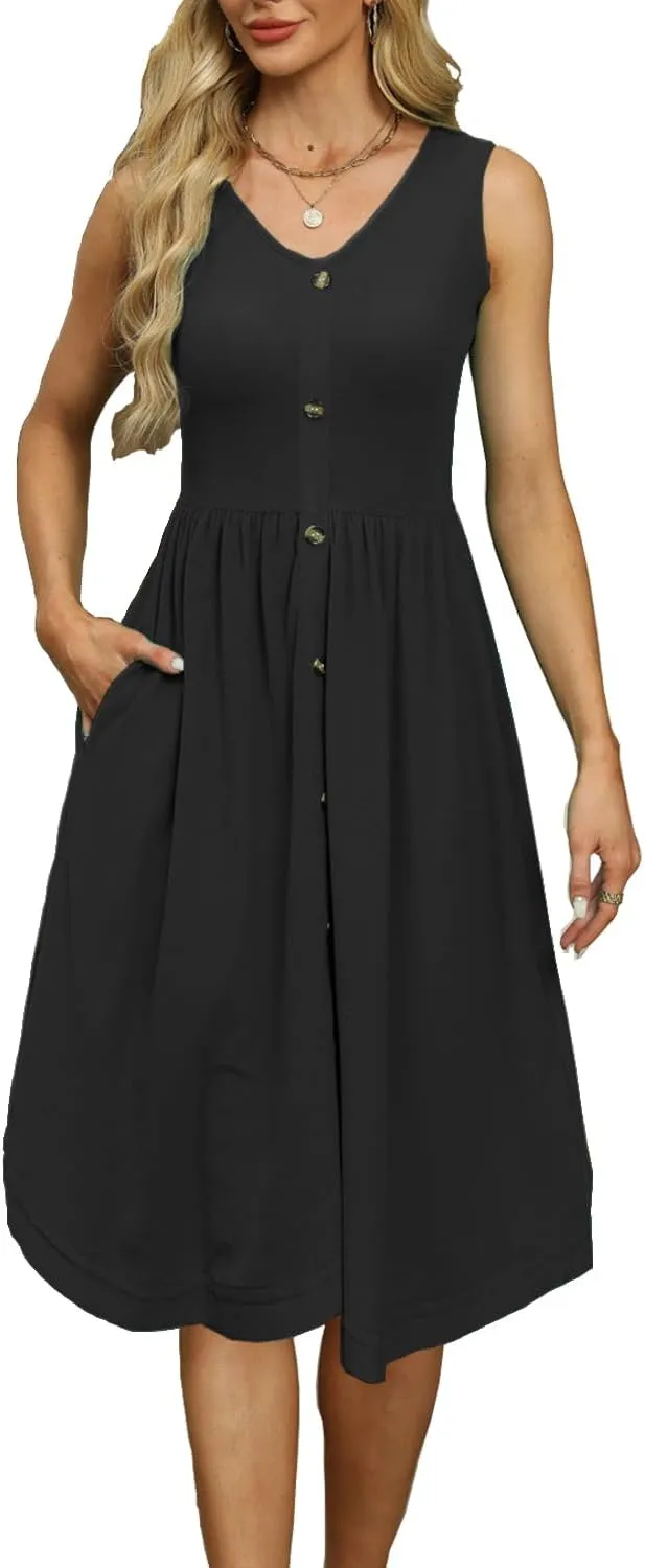 Women's Summer Sleeveless Dress Button Down Empire Waist Casual Midi Sundress with Pockets