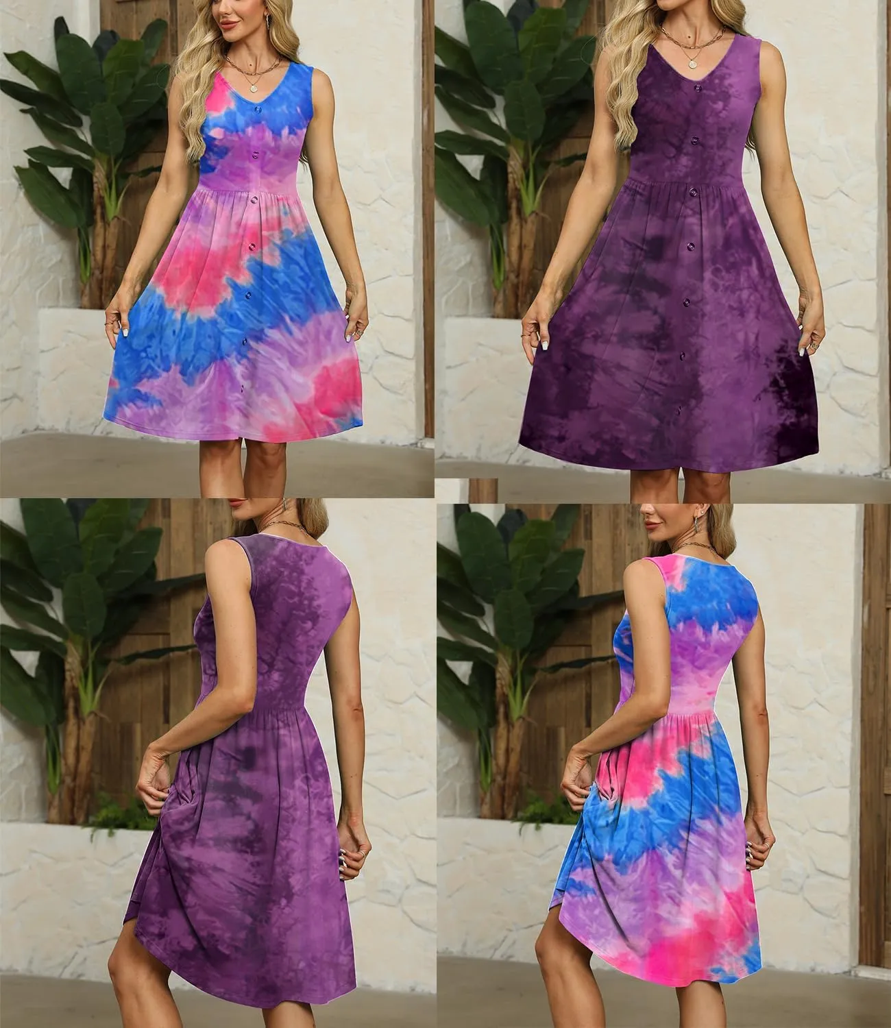 Women's Summer Sleeveless Dress Button Down Empire Waist Casual Midi Sundress with Pockets