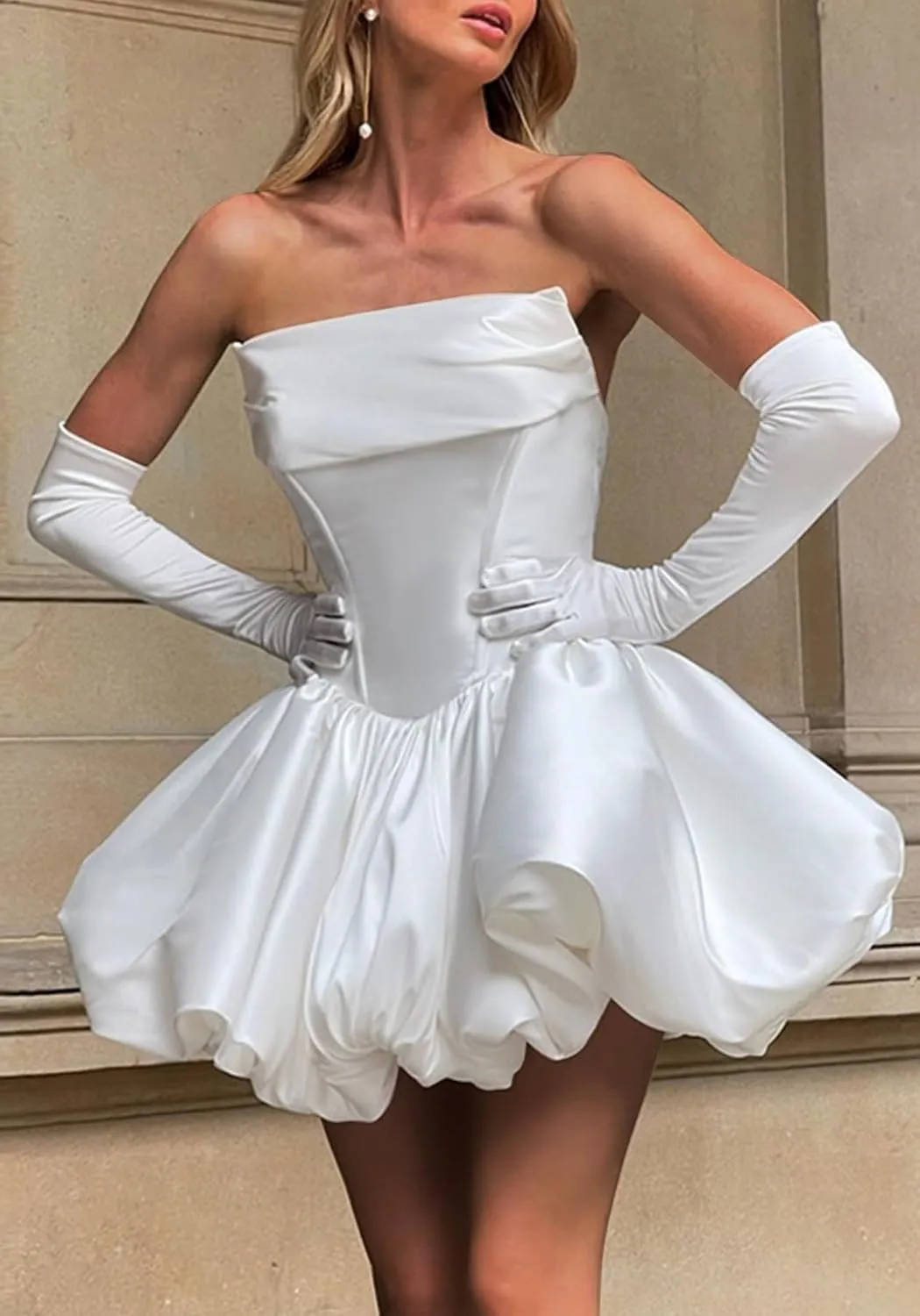 Women's Summer Strapless Bubble Mini Dress Ruched Ruffle Flowy A Line Dress Tube Top Dresses Party Clubwear