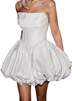 Women's Summer Strapless Bubble Mini Dress Ruched Ruffle Flowy A Line Dress Tube Top Dresses Party Clubwear