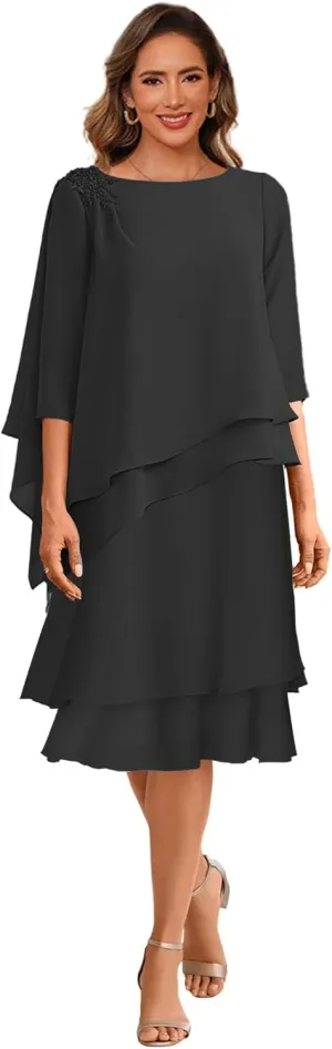 Women's Tea Length Mother of The Bride Dresses for Wedding 3/4 Sleeve Chiffon Ruffles Formal Evening Dress