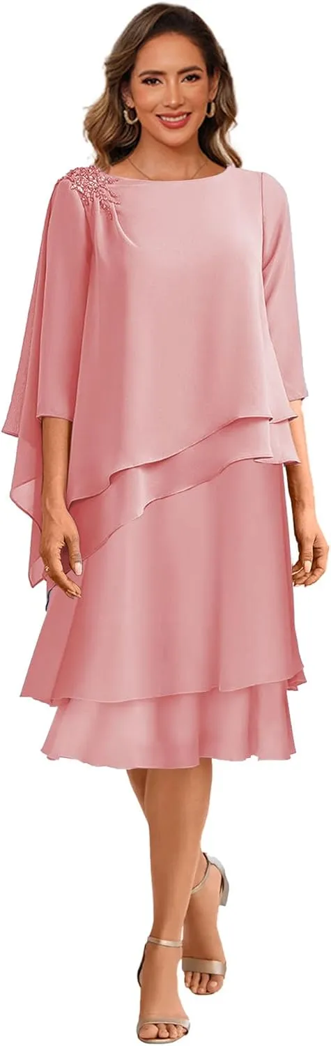 Women's Tea Length Mother of The Bride Dresses for Wedding 3/4 Sleeve Chiffon Ruffles Formal Evening Dress