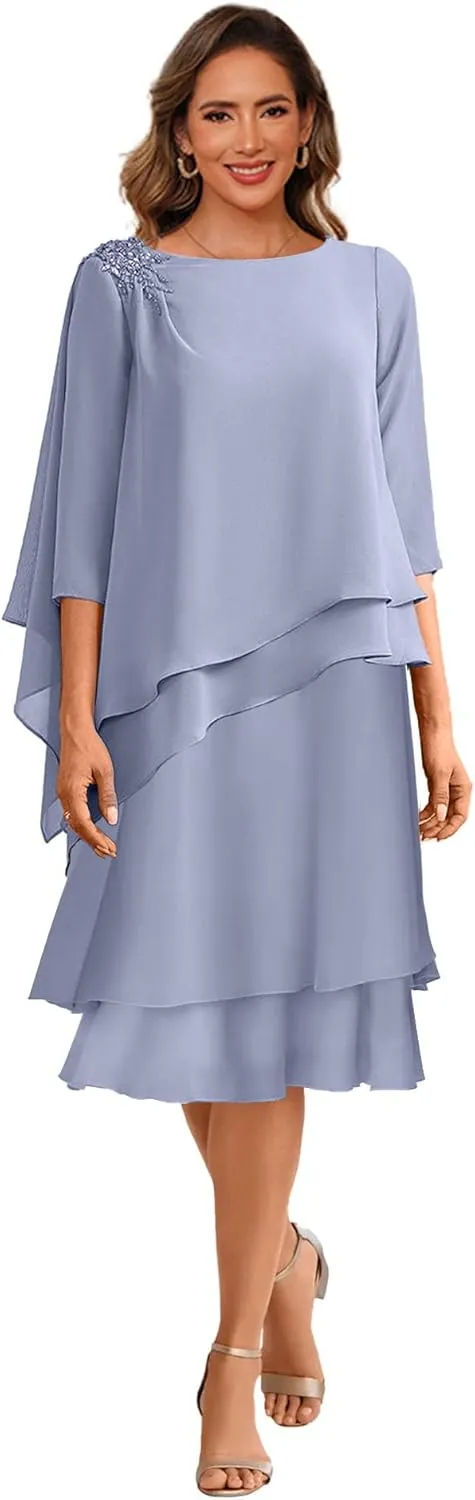 Women's Tea Length Mother of The Bride Dresses for Wedding 3/4 Sleeve Chiffon Ruffles Formal Evening Dress