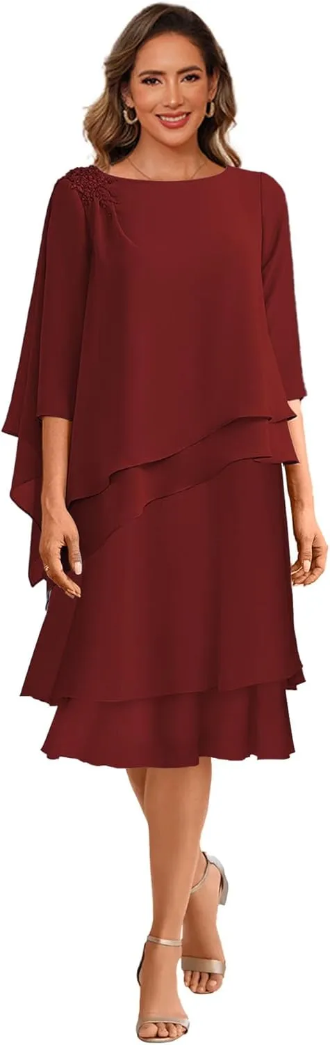 Women's Tea Length Mother of The Bride Dresses for Wedding 3/4 Sleeve Chiffon Ruffles Formal Evening Dress