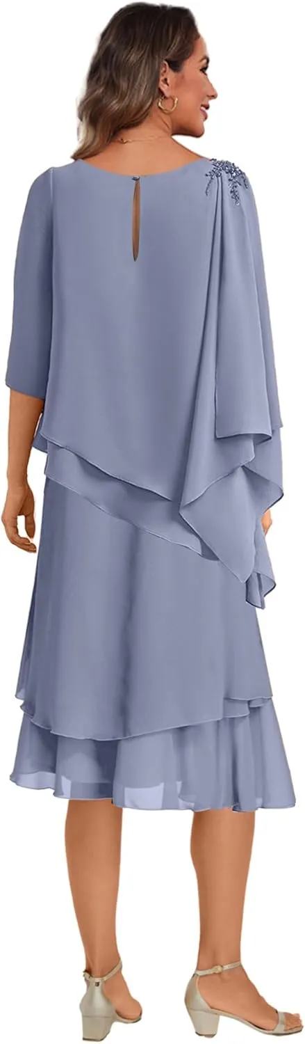 Women's Tea Length Mother of The Bride Dresses for Wedding 3/4 Sleeve Chiffon Ruffles Formal Evening Dress