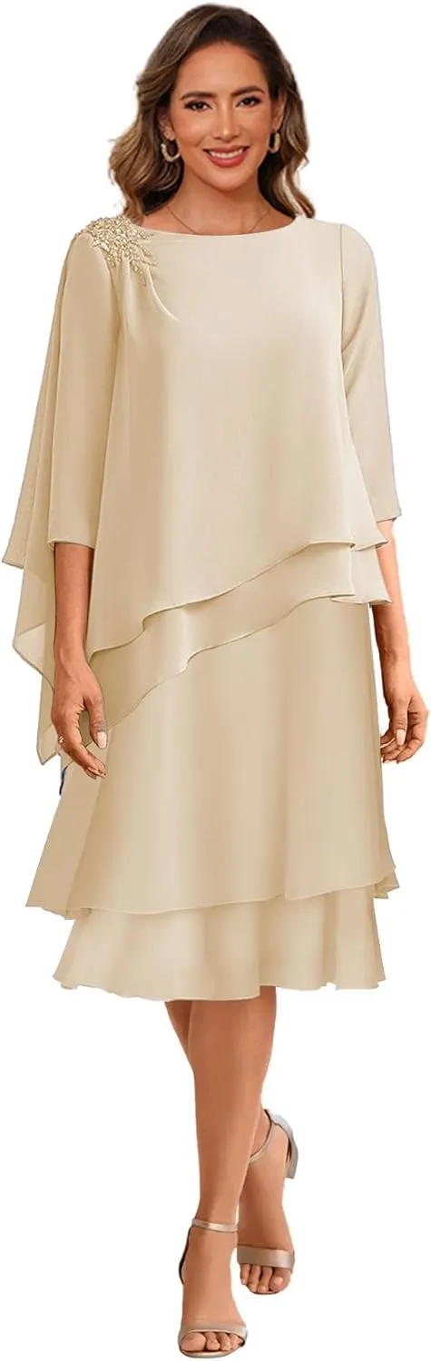 Women's Tea Length Mother of The Bride Dresses for Wedding 3/4 Sleeve Chiffon Ruffles Formal Evening Dress