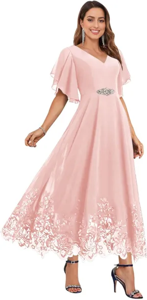 Women's Tea Length Mother of The Bride Dresses for Wedding Ruffle Sleeves Chiffon Lace Formal Evening Gowns