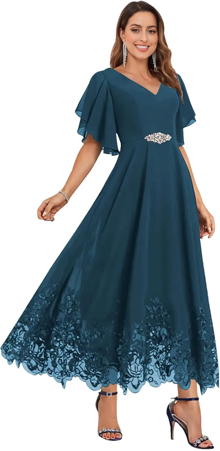Women's Tea Length Mother of The Bride Dresses for Wedding Ruffle Sleeves Chiffon Lace Formal Evening Gowns
