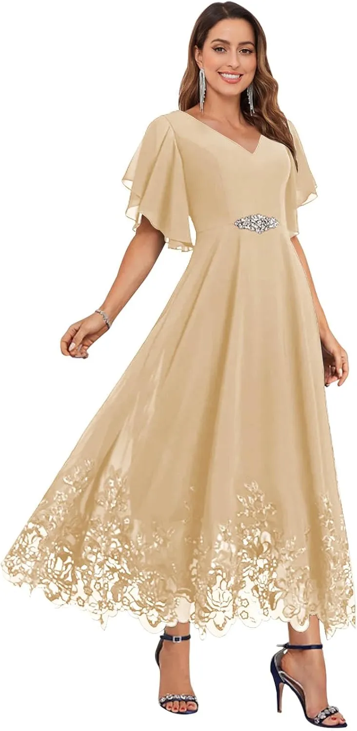 Women's Tea Length Mother of The Bride Dresses for Wedding Ruffle Sleeves Chiffon Lace Formal Evening Gowns