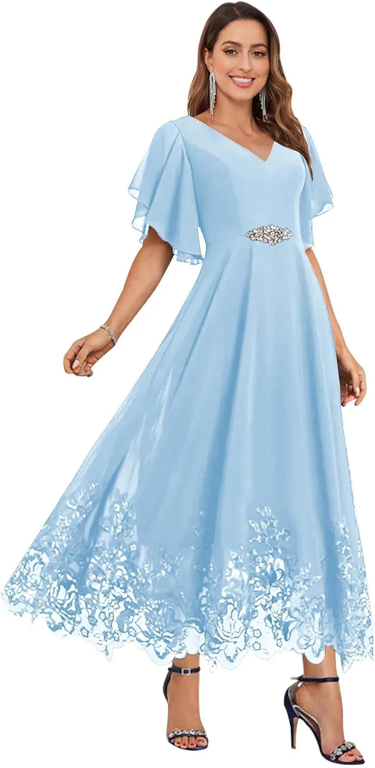 Women's Tea Length Mother of The Bride Dresses for Wedding Ruffle Sleeves Chiffon Lace Formal Evening Gowns