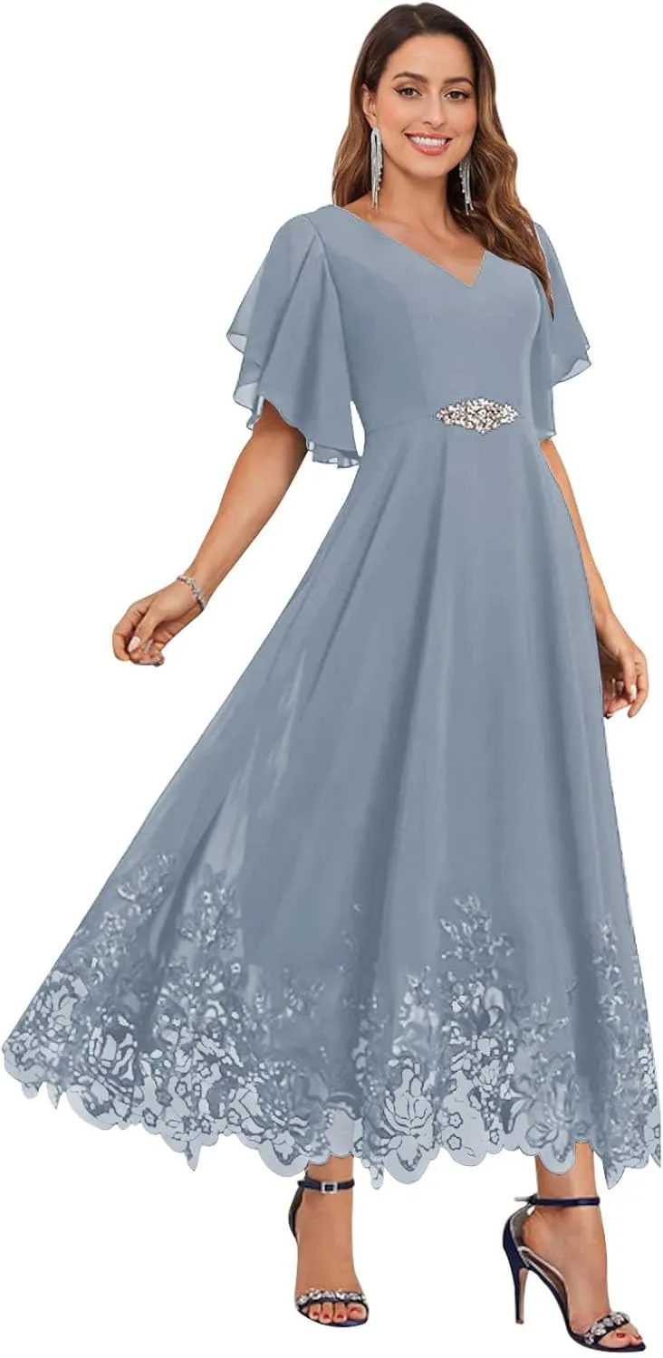 Women's Tea Length Mother of The Bride Dresses for Wedding Ruffle Sleeves Chiffon Lace Formal Evening Gowns