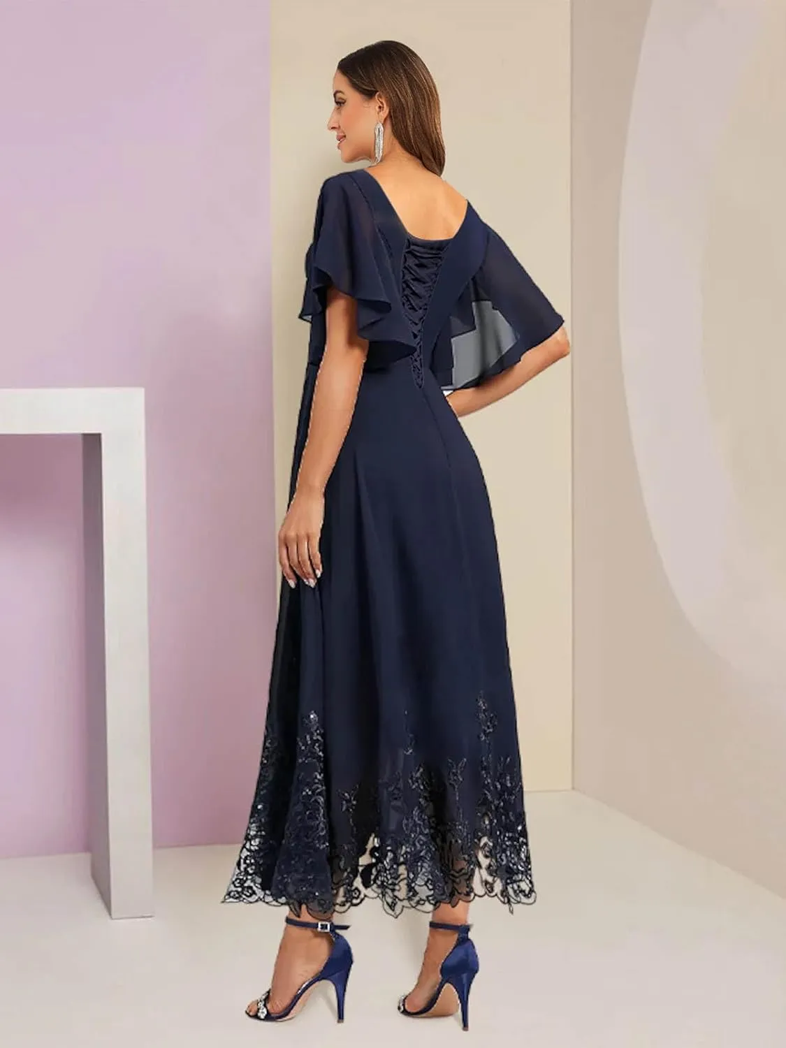 Women's Tea Length Mother of The Bride Dresses for Wedding Ruffle Sleeves Chiffon Lace Formal Evening Gowns