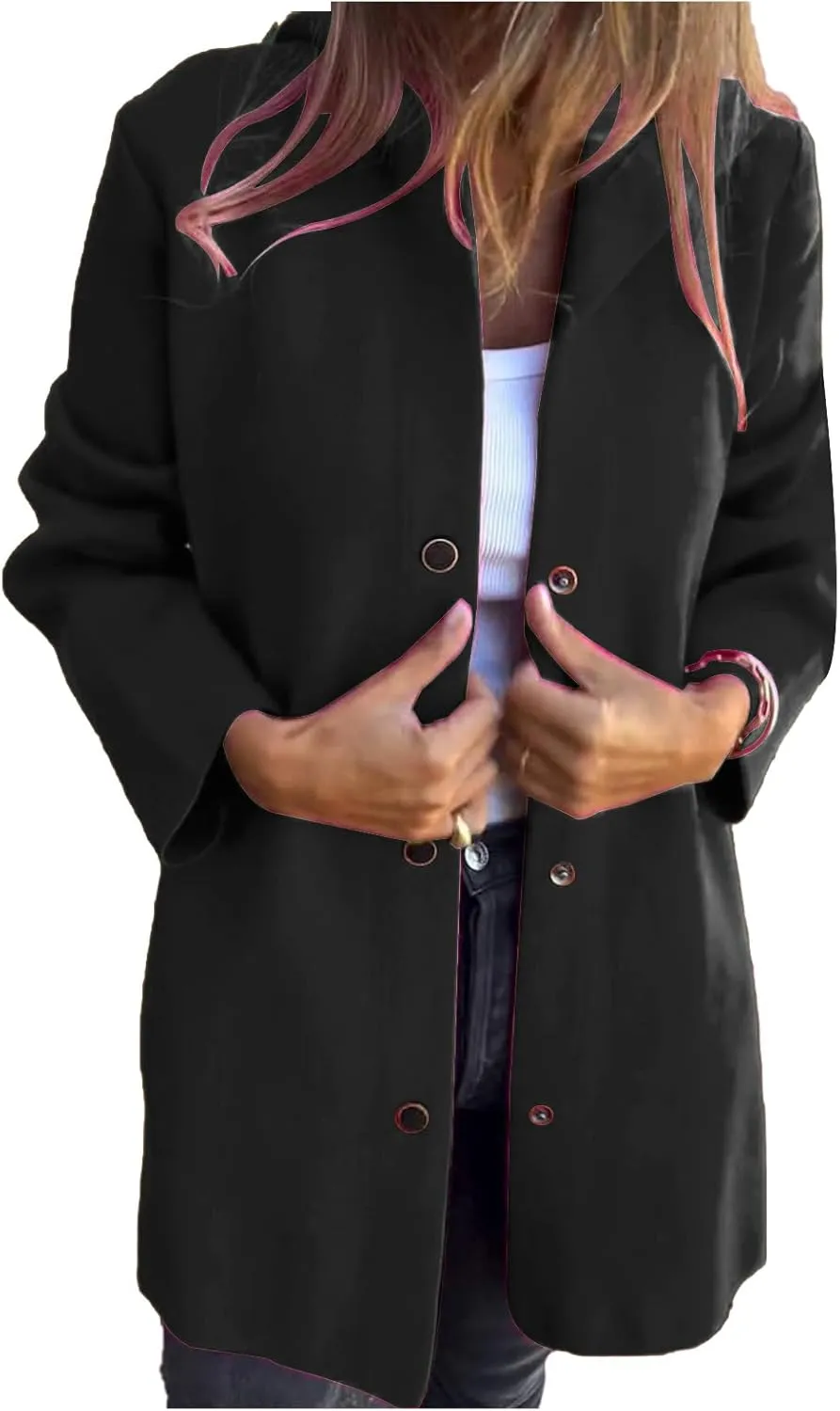 Womens Trench Coat Casual Single Breasted Hooded Jacket Long Sleeve Solid Color Lapel Neck Coat Fall Winter Outwear