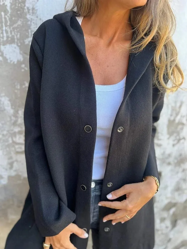 Womens Trench Coat Casual Single Breasted Hooded Jacket Long Sleeve Solid Color Lapel Neck Coat Fall Winter Outwear