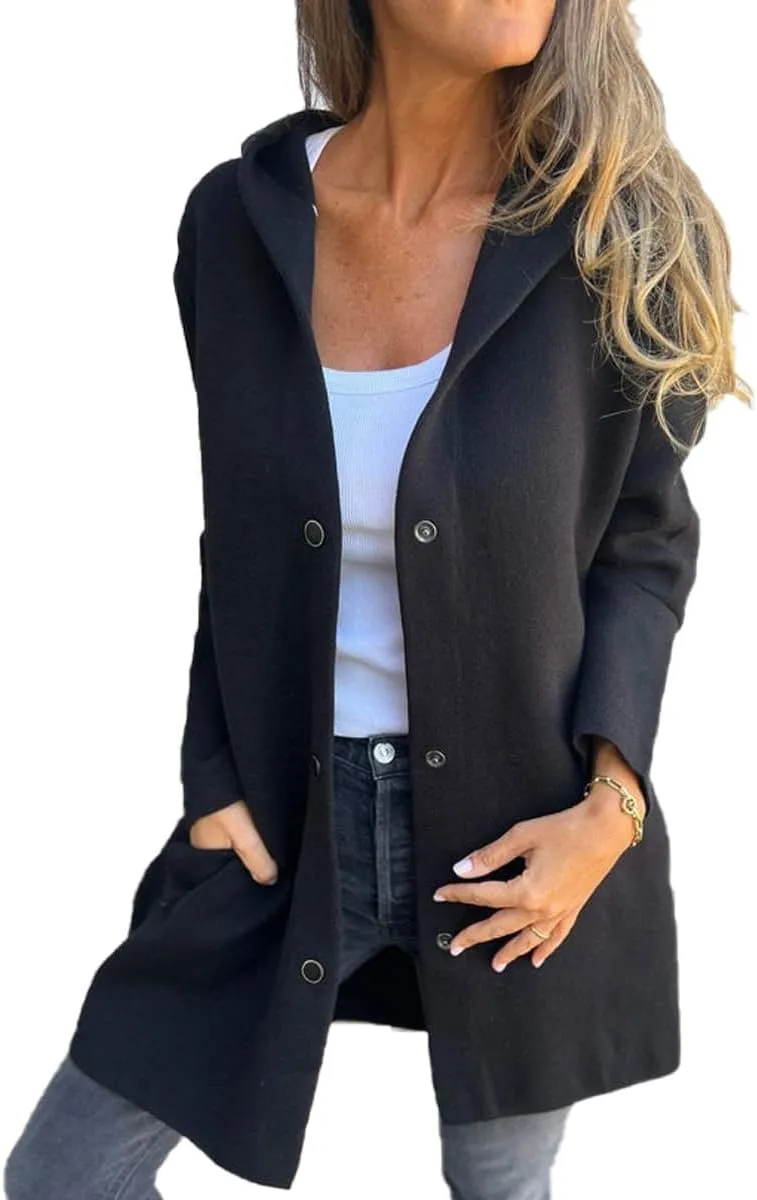 Womens Trench Coat Casual Single Breasted Hooded Jacket Long Sleeve Solid Color Lapel Neck Coat Fall Winter Outwear
