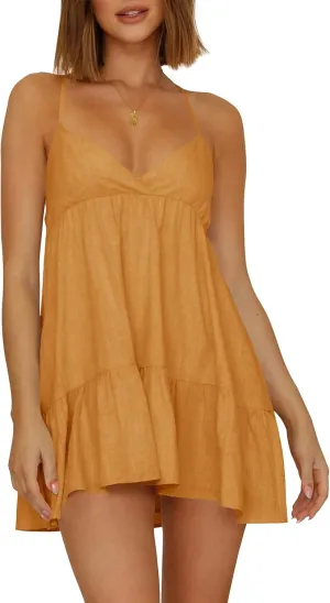 Womens V Neck Crisscross Backless Dresses Tie Back Sleeveless Ruffle Hem Flowy Swing A-Line Vintage Summer Mini Dress