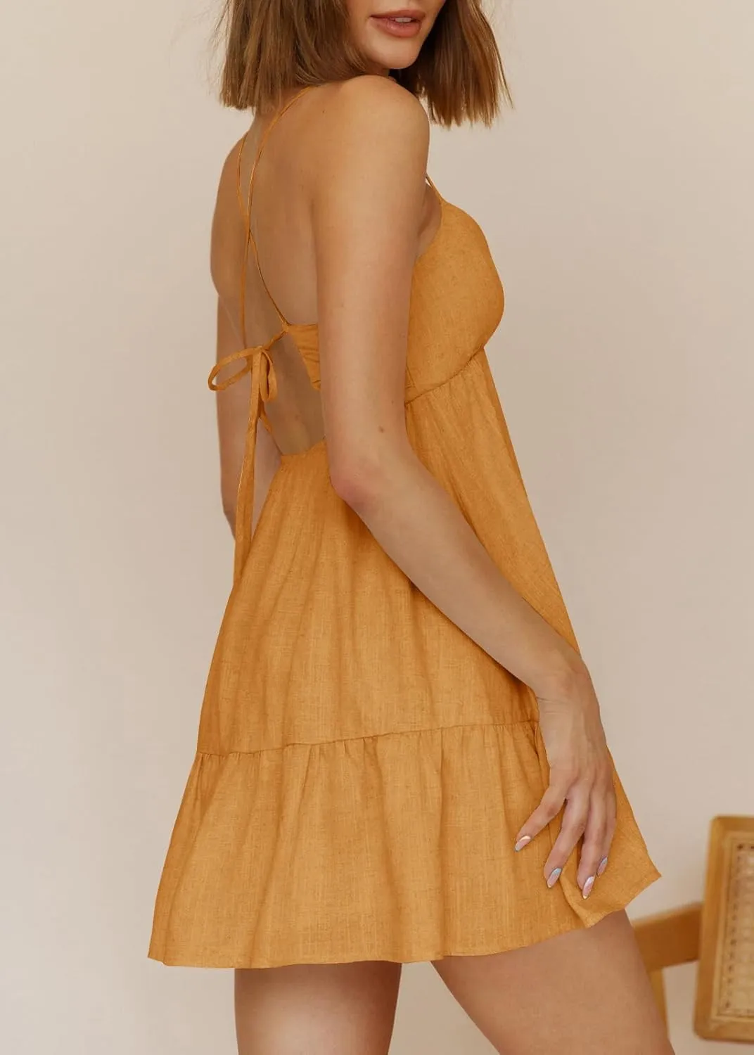 Womens V Neck Crisscross Backless Dresses Tie Back Sleeveless Ruffle Hem Flowy Swing A-Line Vintage Summer Mini Dress