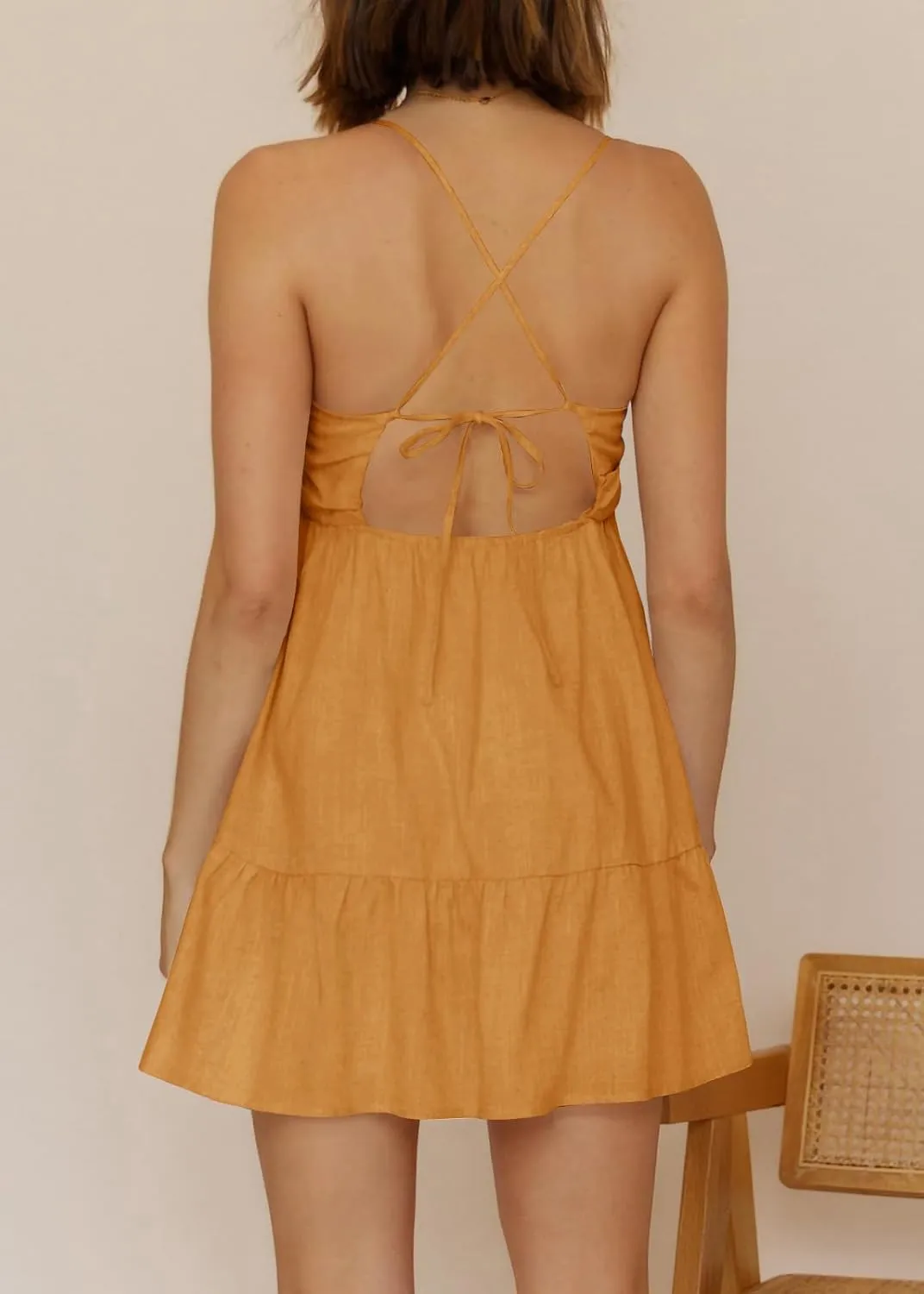 Womens V Neck Crisscross Backless Dresses Tie Back Sleeveless Ruffle Hem Flowy Swing A-Line Vintage Summer Mini Dress