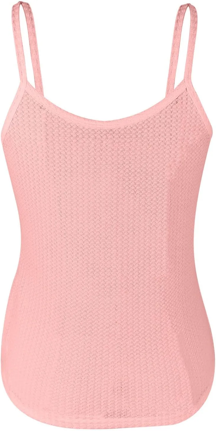 Women's Waffle Plaid Solid Camisole Spaghetti Strap Splicing Loop Tank Casual Round Neck Top Comfy Loose Shirt