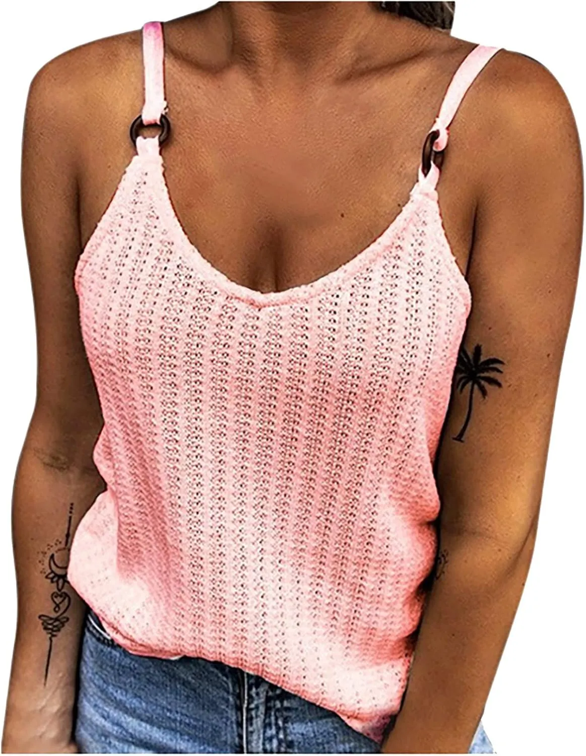 Women's Waffle Plaid Solid Camisole Spaghetti Strap Splicing Loop Tank Casual Round Neck Top Comfy Loose Shirt