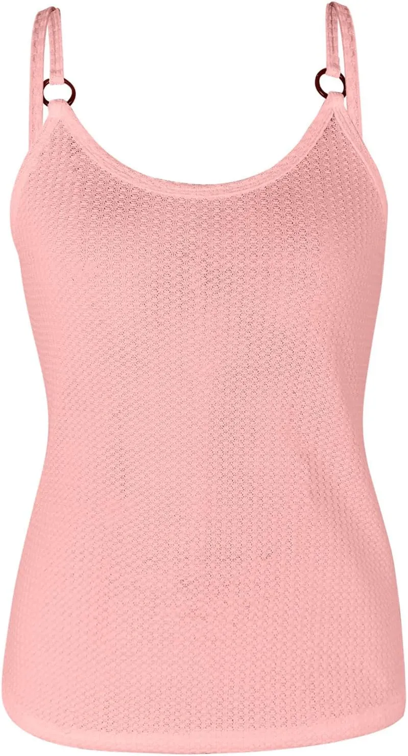 Women's Waffle Plaid Solid Camisole Spaghetti Strap Splicing Loop Tank Casual Round Neck Top Comfy Loose Shirt
