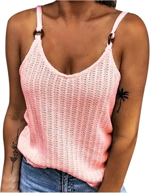 Women's Waffle Plaid Solid Camisole Spaghetti Strap Splicing Loop Tank Casual Round Neck Top Comfy Loose Shirt