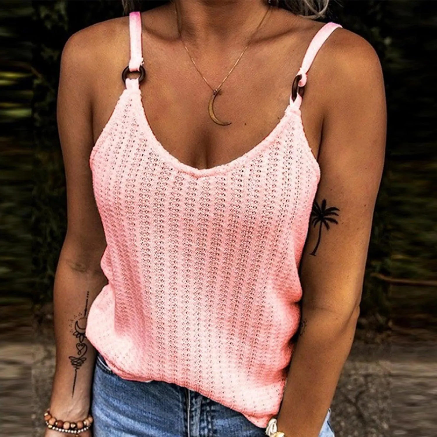 Women's Waffle Plaid Solid Camisole Spaghetti Strap Splicing Loop Tank Casual Round Neck Top Comfy Loose Shirt