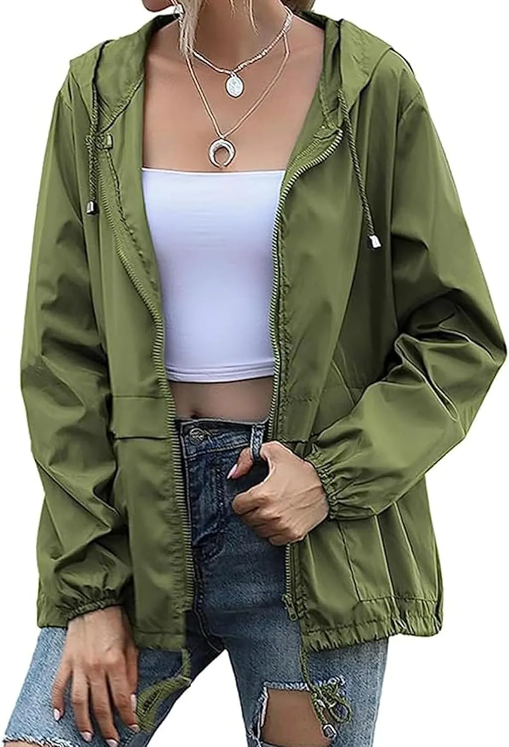 Women's Waterproof Raincoat Lightweight Rain Jacket Hooded Windbreaker with Pockets for Outdoor