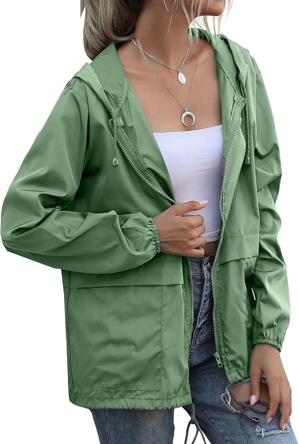 Women's Waterproof Raincoat Lightweight Rain Jacket Hooded Windbreaker with Pockets for Outdoor