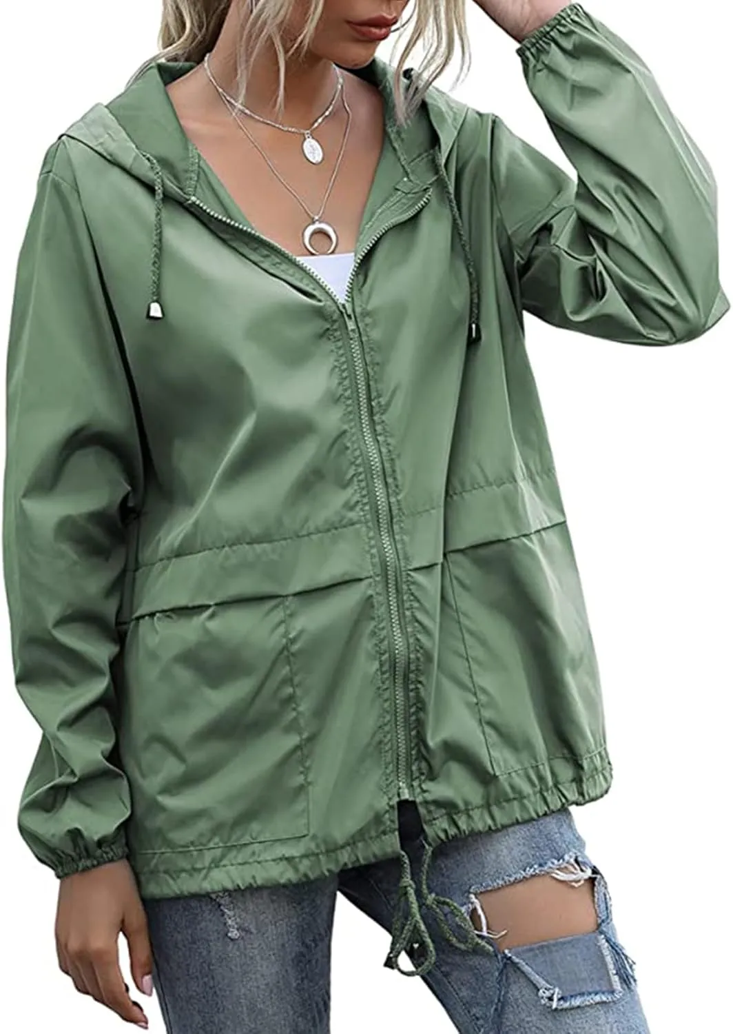 Women's Waterproof Raincoat Lightweight Rain Jacket Hooded Windbreaker with Pockets for Outdoor