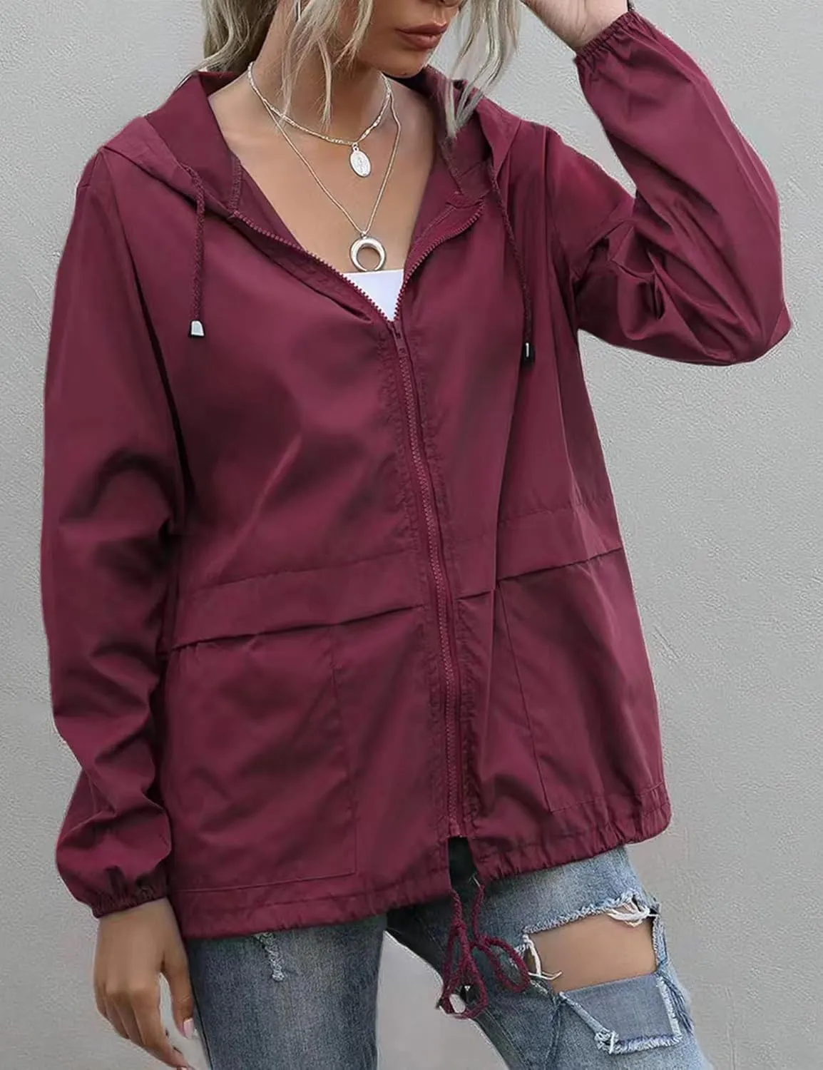 Women's Waterproof Raincoat Lightweight Rain Jacket Hooded Windbreaker with Pockets for Outdoor