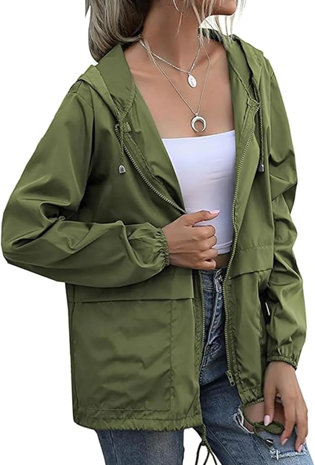 Women's Waterproof Raincoat Lightweight Rain Jacket Hooded Windbreaker with Pockets for Outdoor