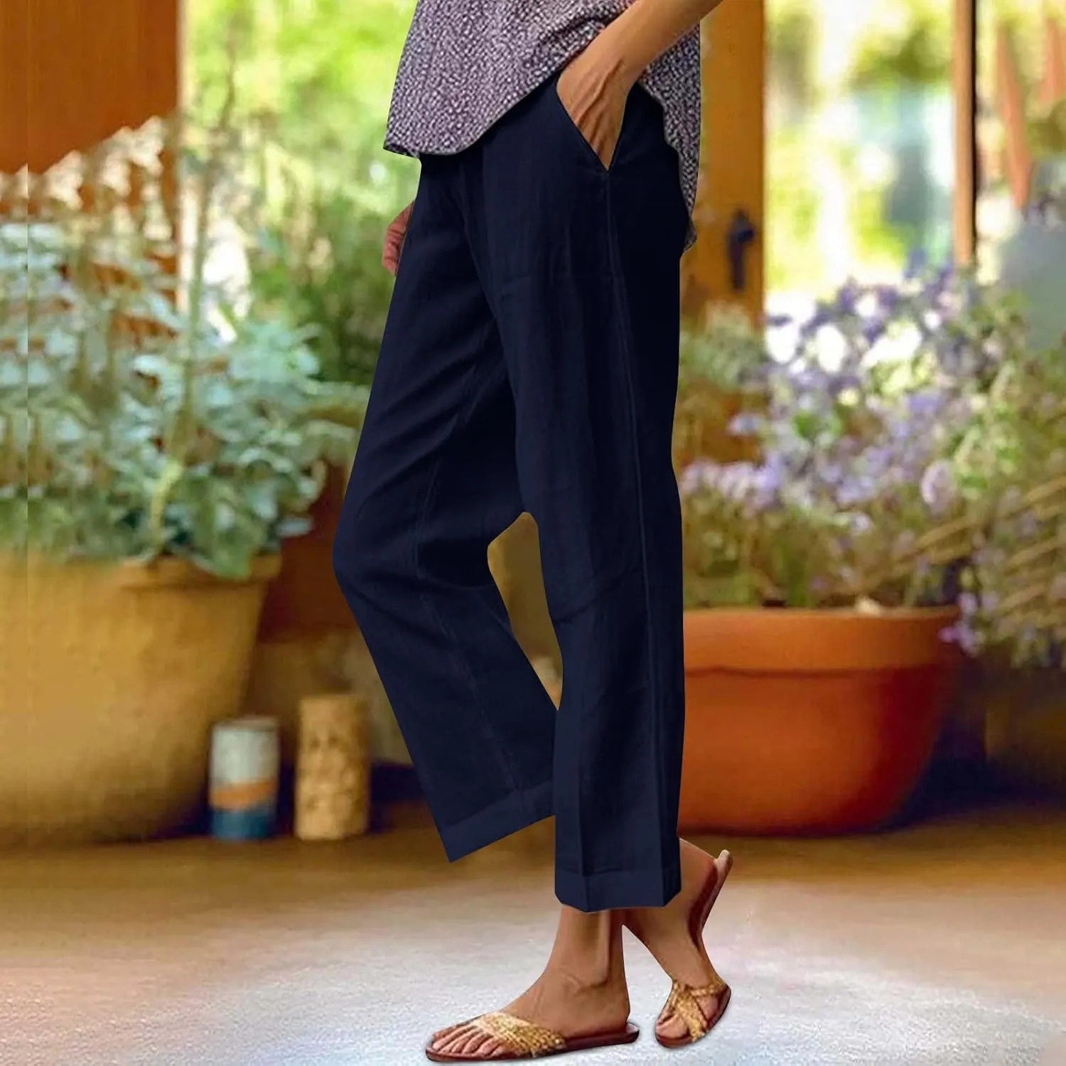 Womens Wide Leg Pants Fashionable Simple Casual Loose Pants Drawstring Loose Fit Summer Trousers Long Linen