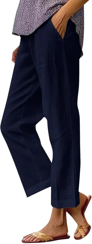 Womens Wide Leg Pants Fashionable Simple Casual Loose Pants Drawstring Loose Fit Summer Trousers Long Linen