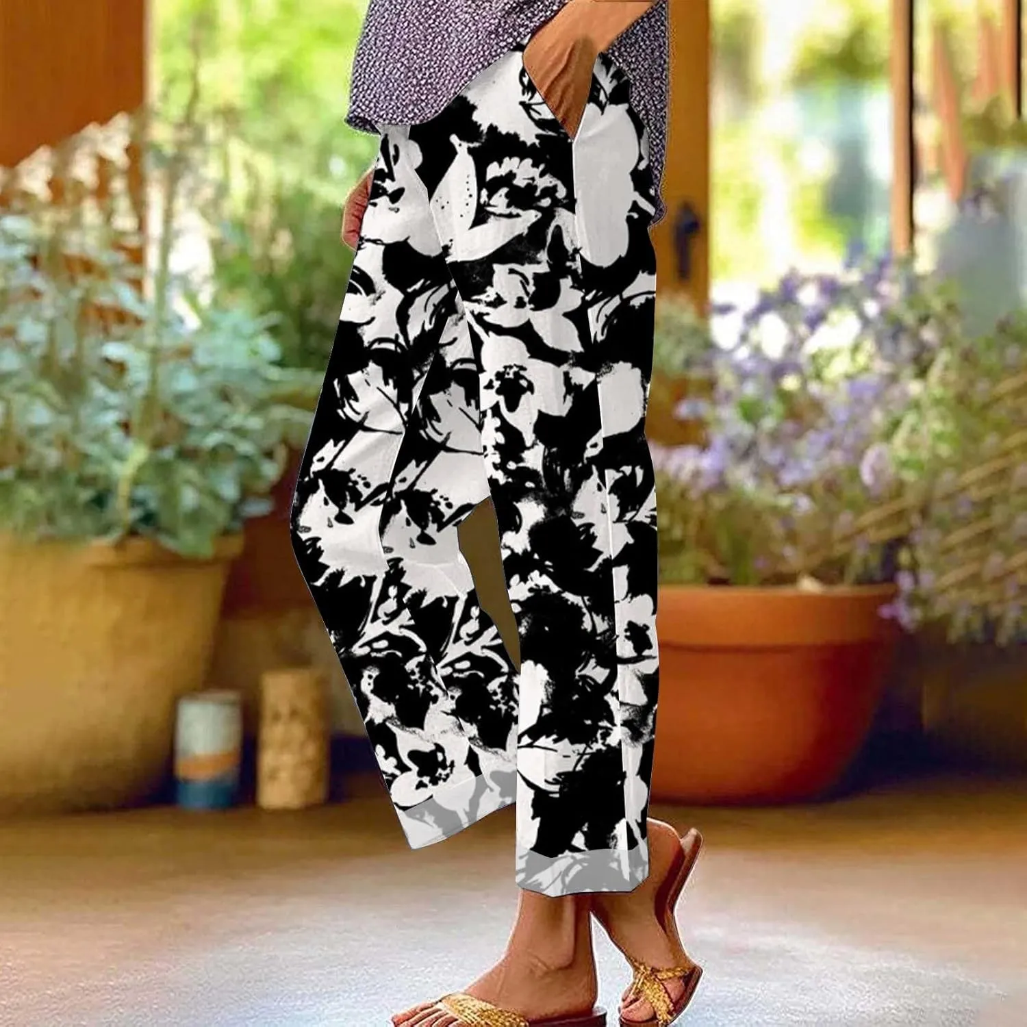 Womens Wide Leg Pants Loose Pocket Casual Cotton and Linen Pants High Waist Adjustable Knot Loose Casual Trousers