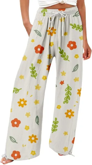 Women's Wide Leg Pants Womens Cotton Casual Loose Pants Comfy Work Pants Elastic High Waist Loose Baggy Palazzo