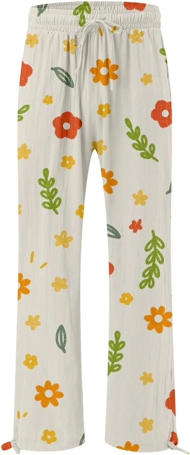 Women's Wide Leg Pants Womens Cotton Casual Loose Pants Comfy Work Pants Elastic High Waist Loose Baggy Palazzo