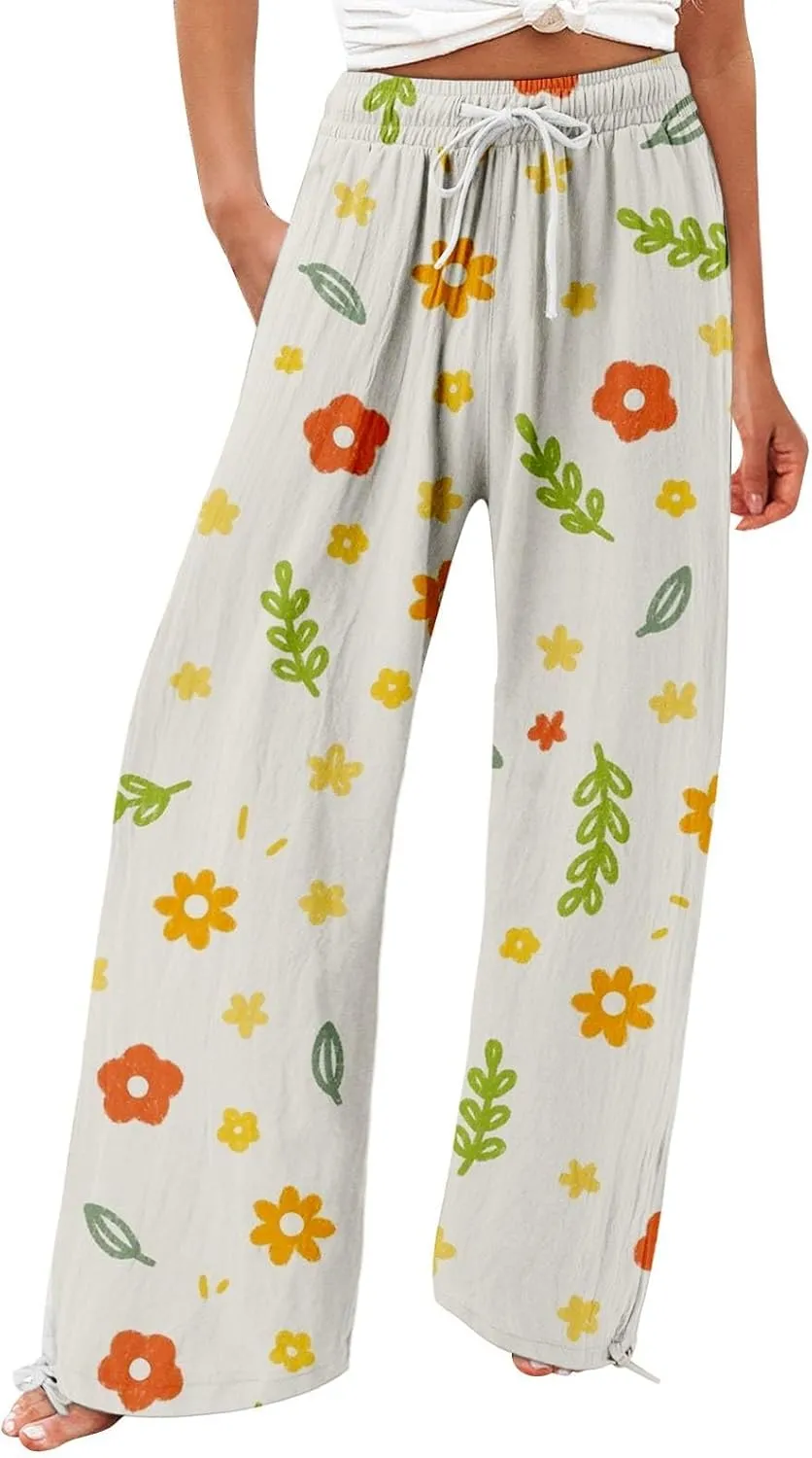 Women's Wide Leg Pants Womens Cotton Casual Loose Pants Comfy Work Pants Elastic High Waist Loose Baggy Palazzo