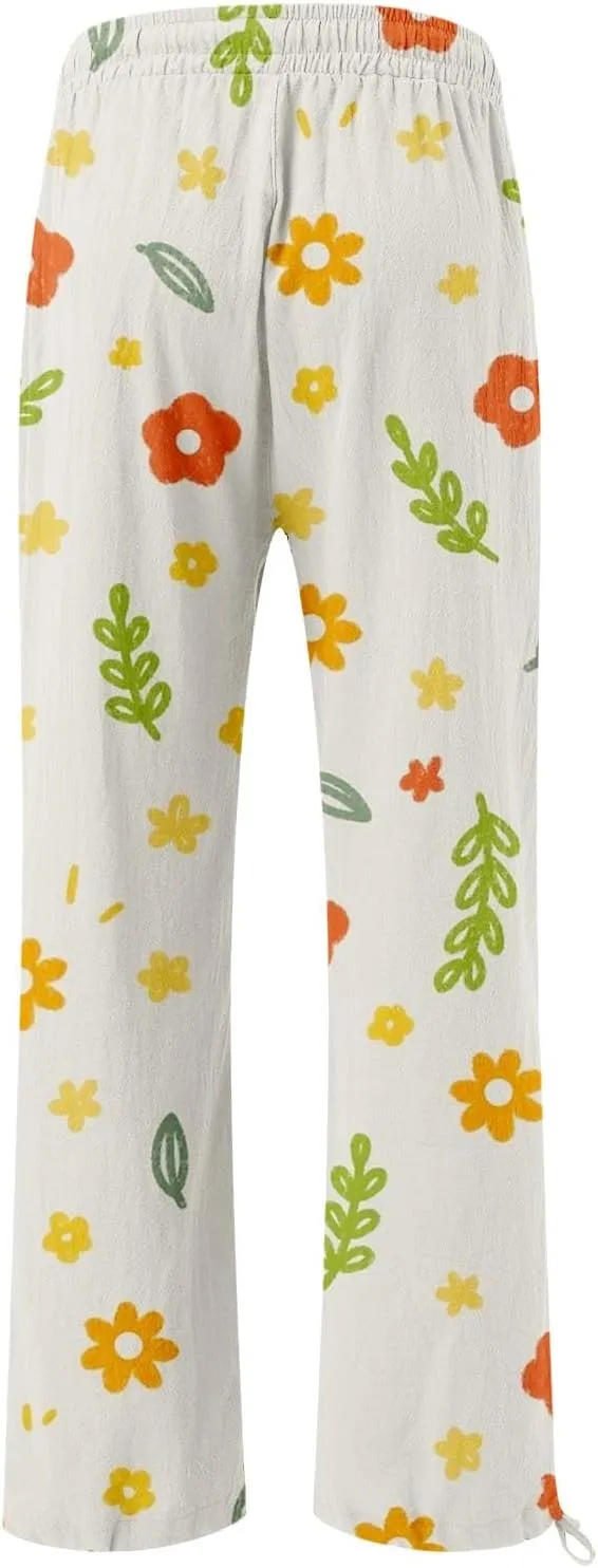 Women's Wide Leg Pants Womens Cotton Casual Loose Pants Comfy Work Pants Elastic High Waist Loose Baggy Palazzo