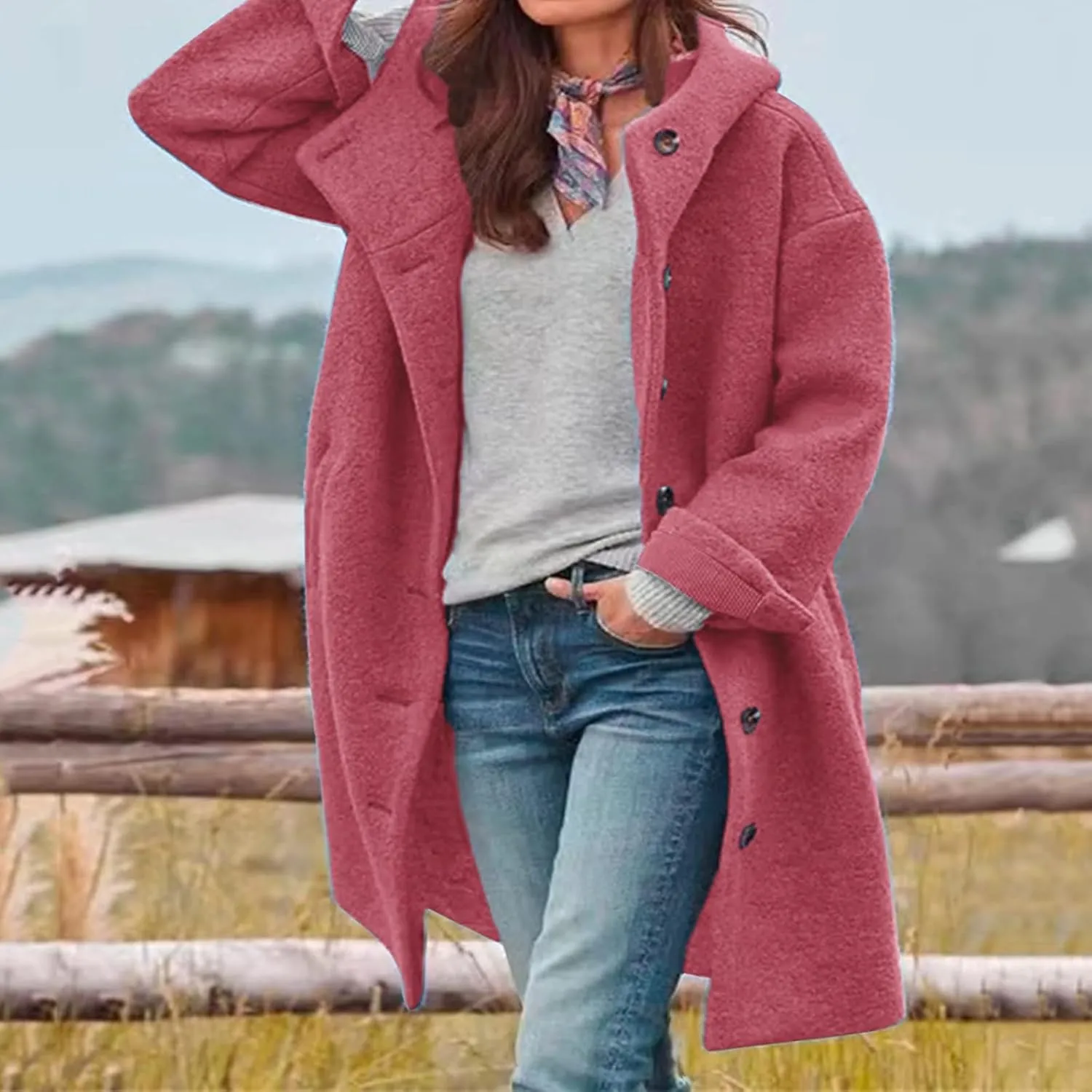 Women's Winter Wool Coat Casual Long Hooded Jacket Warm Fleece Single-Breasted Peacoat Fashion Mid Long Trench Coat