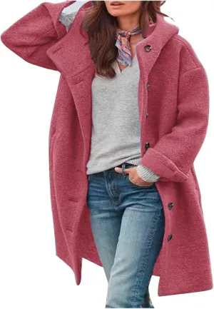 Women's Winter Wool Coat Casual Long Hooded Jacket Warm Fleece Single-Breasted Peacoat Fashion Mid Long Trench Coat