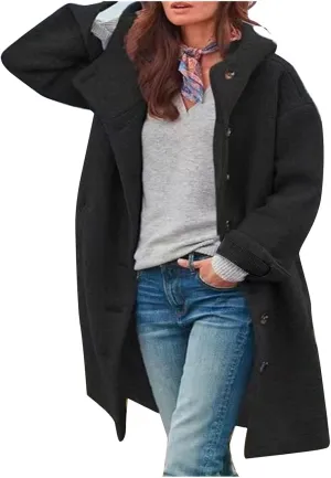 Women's Winter Wool Coat Casual Long Hooded Jacket Warm Fleece Single-Breasted Peacoat Fashion Mid Long Trench Coat