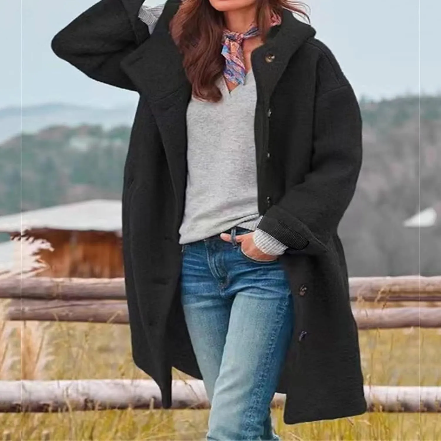 Women's Winter Wool Coat Casual Long Hooded Jacket Warm Fleece Single-Breasted Peacoat Fashion Mid Long Trench Coat