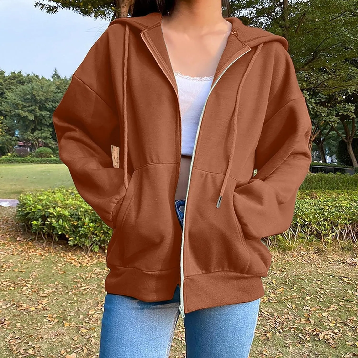 Women's Zip Up Fleece Sweatshirt Long Sleeve Fashion Pullover Hoodies Y2K Jacket with Pockets 2024 Fall Clothes