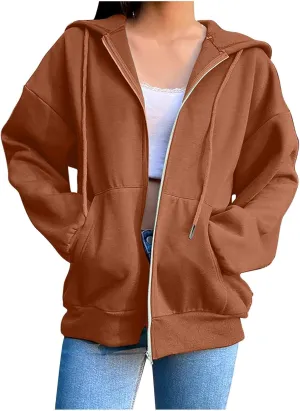Women's Zip Up Fleece Sweatshirt Long Sleeve Fashion Pullover Hoodies Y2K Jacket with Pockets 2024 Fall Clothes