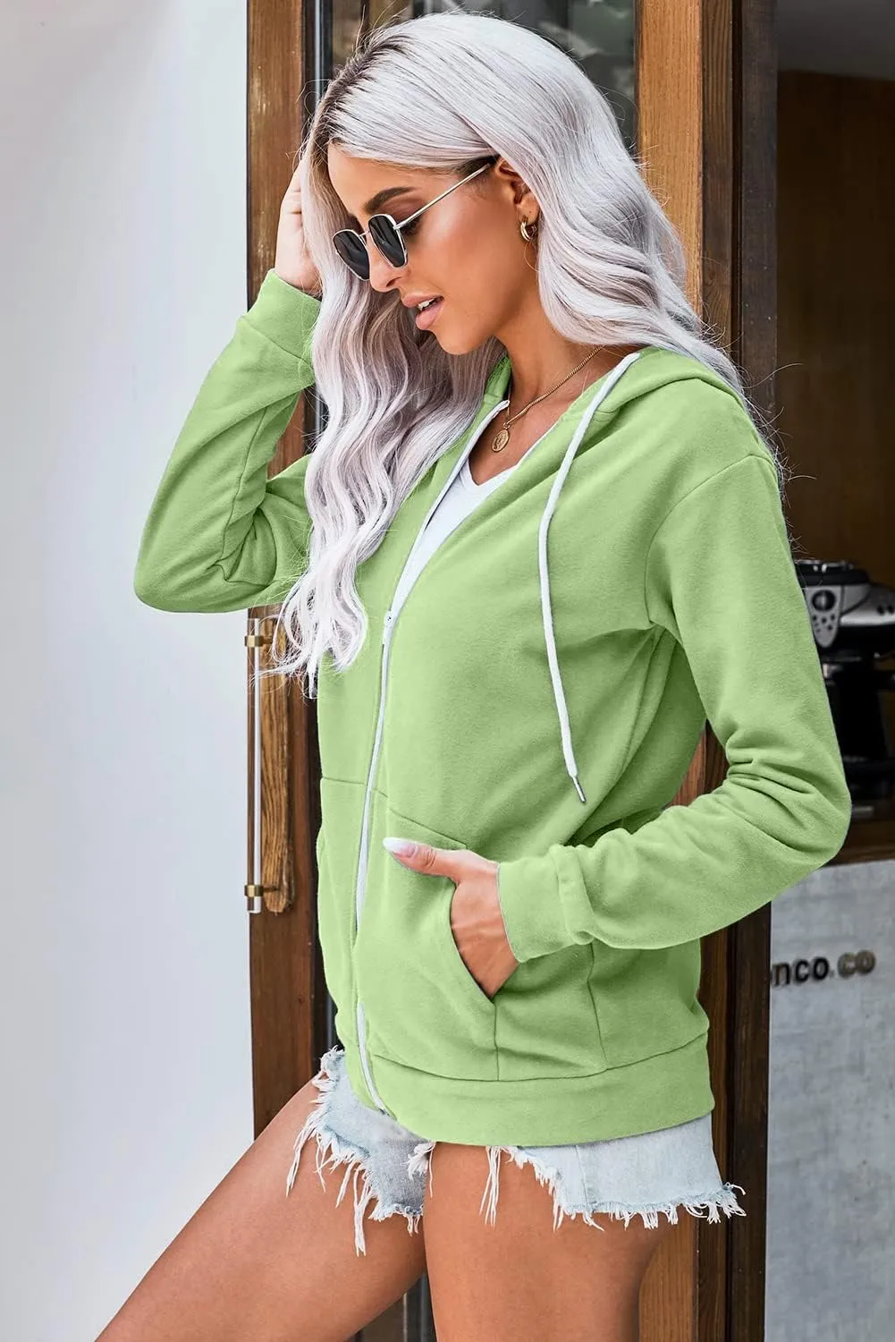 WROLEM Women Casual Full Zip Up Hoodie Comfy Loose Long Sleeve Sweatshirt Solid Color Jacket with Pockets