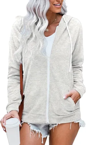 WROLEM Women Casual Full Zip Up Hoodie Comfy Loose Long Sleeve Sweatshirt Solid Color Jacket with Pockets