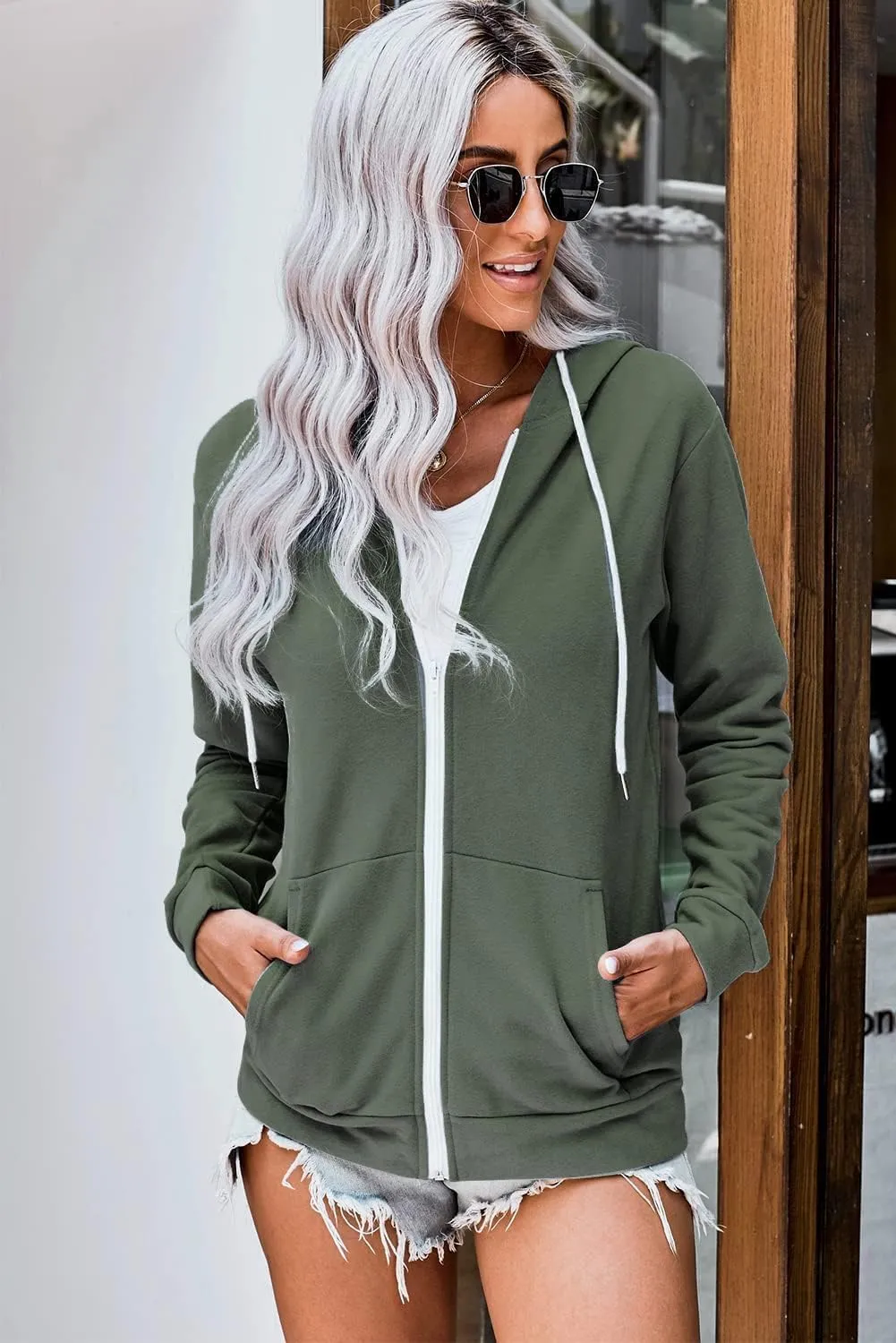 WROLEM Women Casual Full Zip Up Hoodie Comfy Loose Long Sleeve Sweatshirt Solid Color Jacket with Pockets
